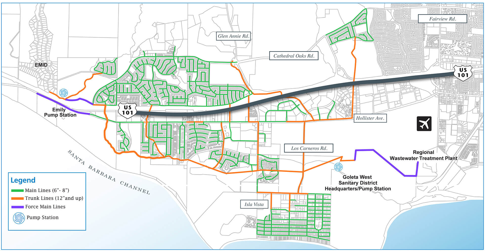 Map showing the Goleta West Sanitary District system